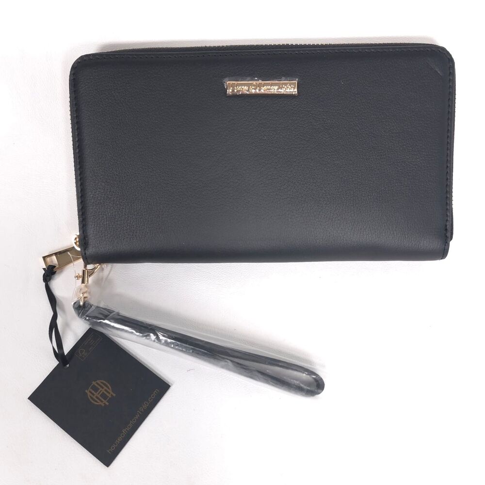 HOUSE OF HARLOW 1960 Women's New Wristlet Wallet Gold Hardware Black Leather Zip